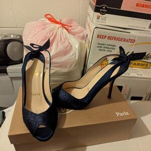 Christian Louboutin Navy Glitter Peep-Toe Slingback Heels